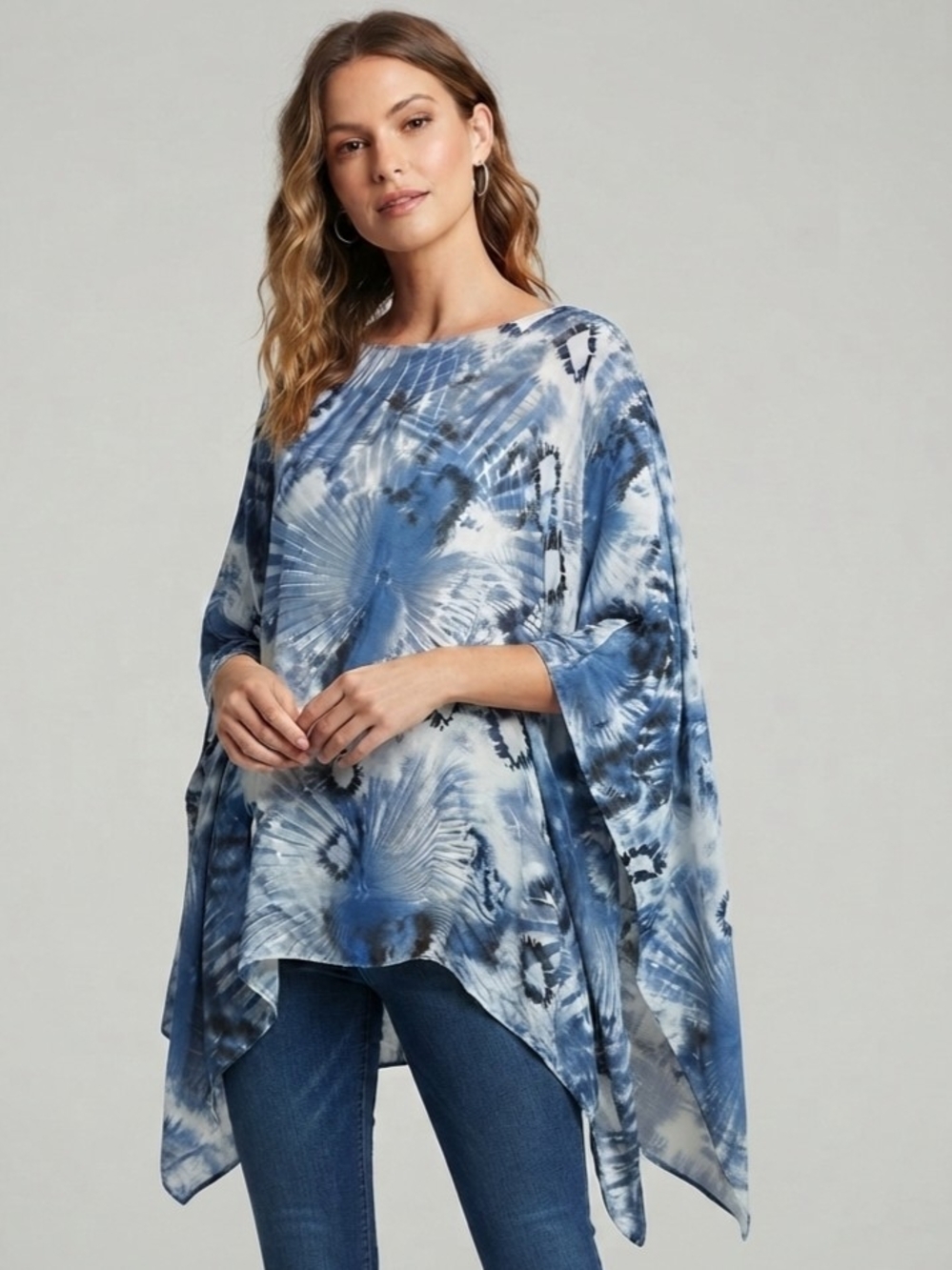 Mode De Vie Italian Blue Tie-Dye Silk Poncho Blouse Size Small